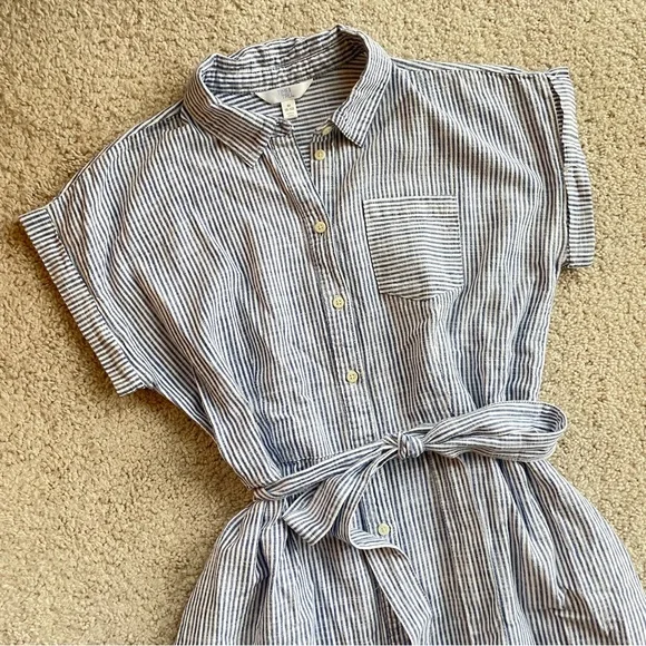 Time and Tru Blue White Striped Midi Shirt Dress Size Medium Tie Waist A-Line - Picture 6 of 11